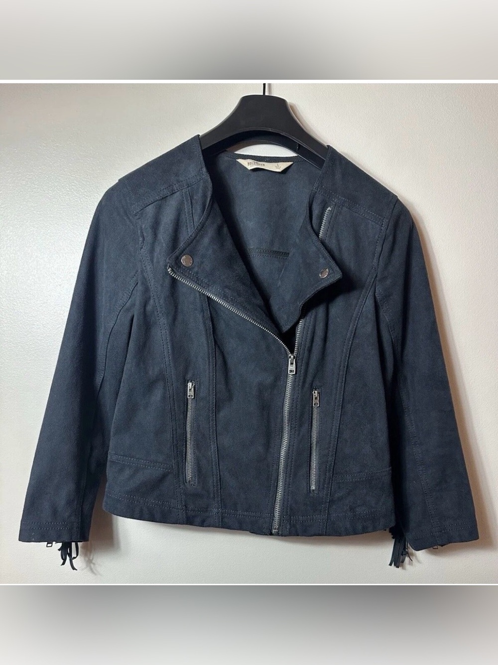 Hollister Black Faux Suede Fringe Moto Biker Jacket Size M